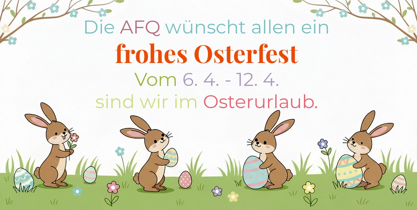 Osterkarte mit Hasen und Frühlingsmotiv – die AFQ Akademie Futurum Qualitas in Berlin wünscht frohe Ostern